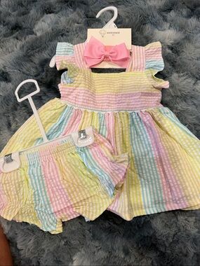 Adventurewear Pastel Rainbow Striped Girls Matching Set with Pink Bow